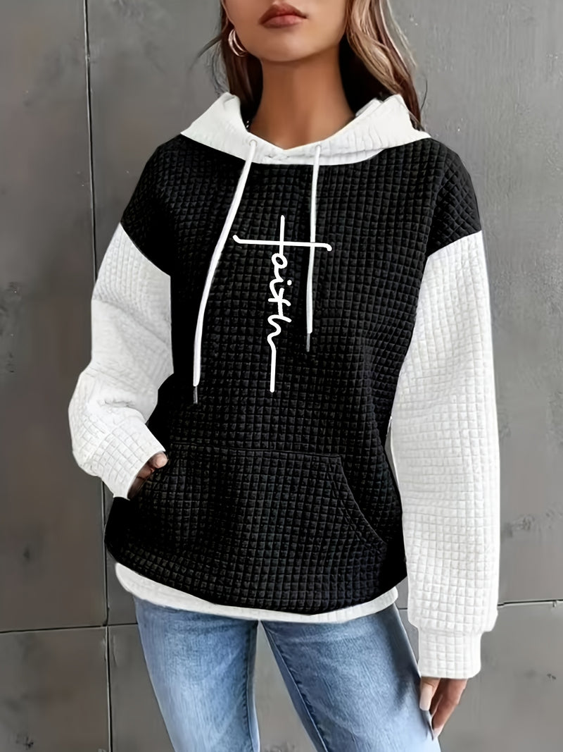 Women's Casual Oversized Hoodie with Checkered Texture & Letter Print.