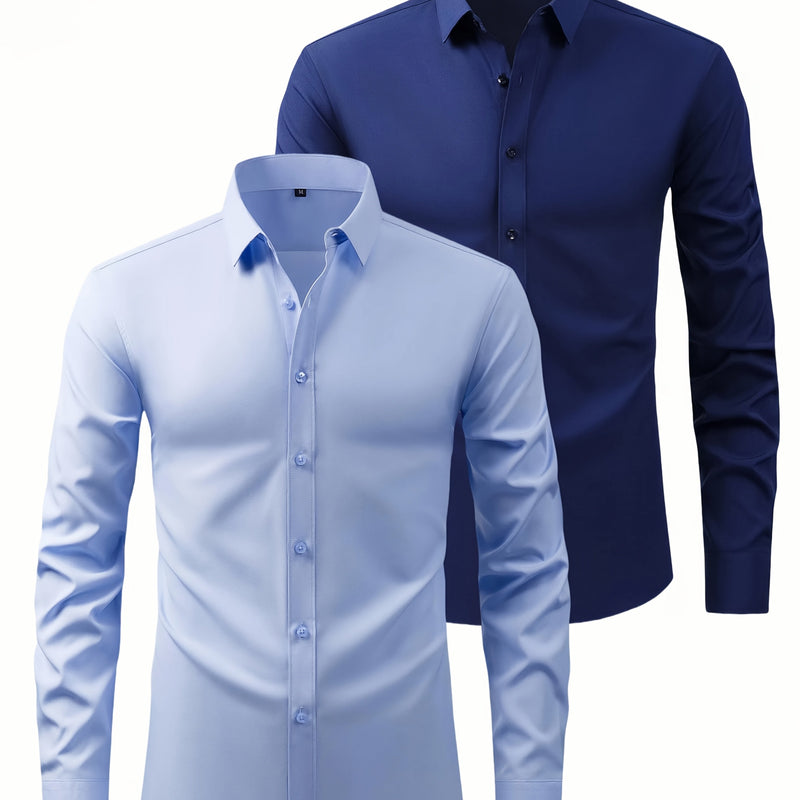 Two-Piece Set of Men's Solid Color Elastic Shirts.