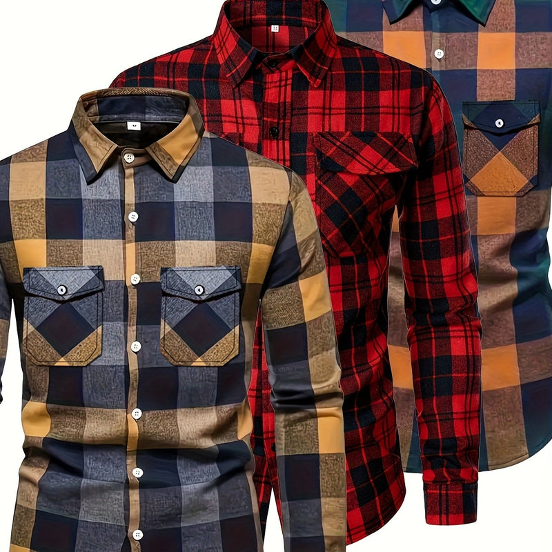 3pcs Men's Plaid Shirt Top with Turn- Collar Long Sleeve Button-Up.