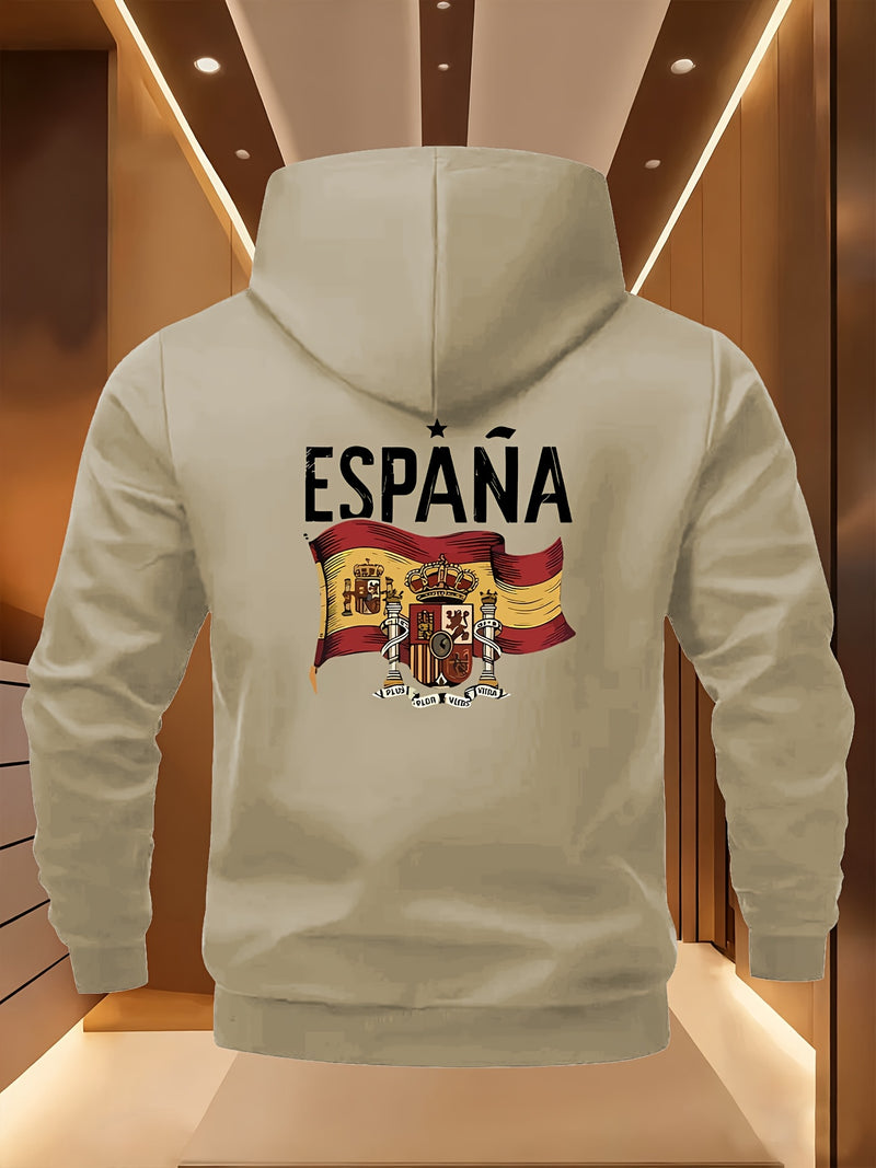 Men's Spanish Flag & Spain Lettering Print Hooded Jacket.