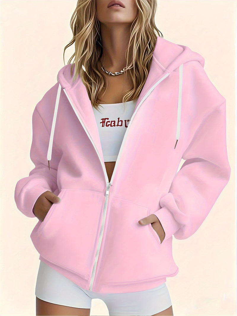 Women's Black Stylish Minimalist Zip-Up Hoodie.
