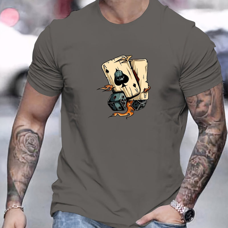 Men's Poker Card Pattern Summer Casual Crew Neck Short T-Shirt.