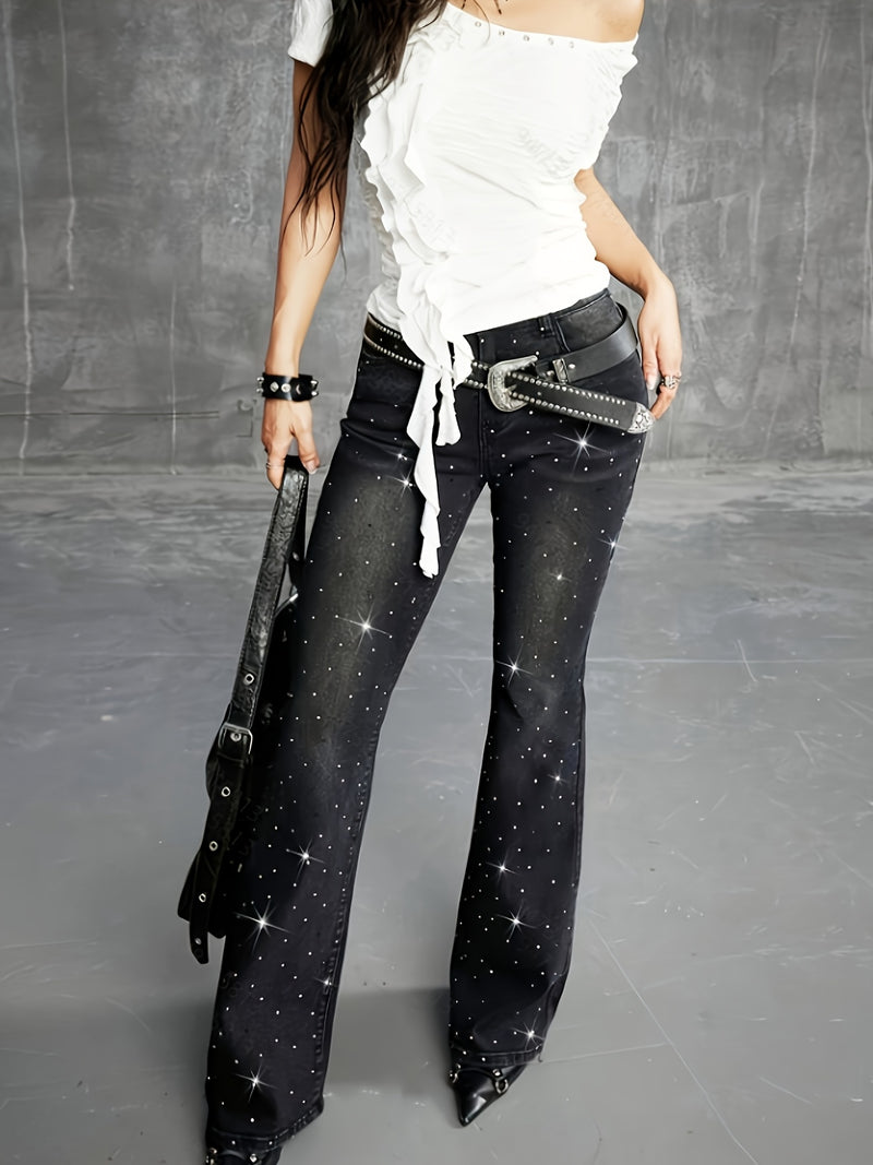 Women's Fashion Carnival Denim Rhinestone Low-Rise Flare Jeans.