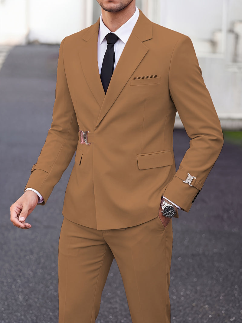 Men's 2pcs Suit Slim Fit Solid Jacket and Pants Set.