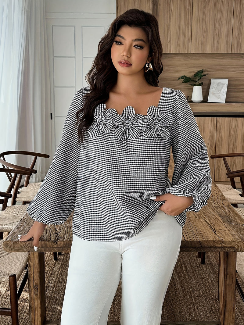 Plus Size Checkered Floral 3D Decorative Long Sleeve Women's Autumn Shirt.
