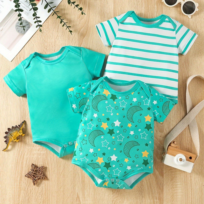 Baby 3pcs Printed Short Sleeve Triangle Bodysuit Cute Crawling Suit.