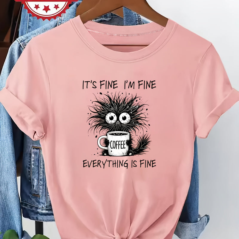 Women's Cat Print Round Neck Short Sleeve T-Shirt.