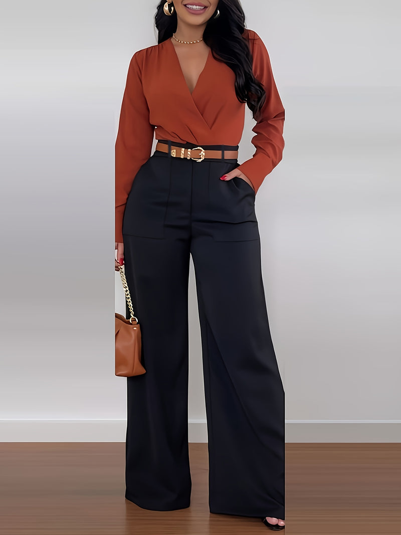 Women's Long Pants, Solid Color High-Waisted Wide-Leg Casual Elegant.