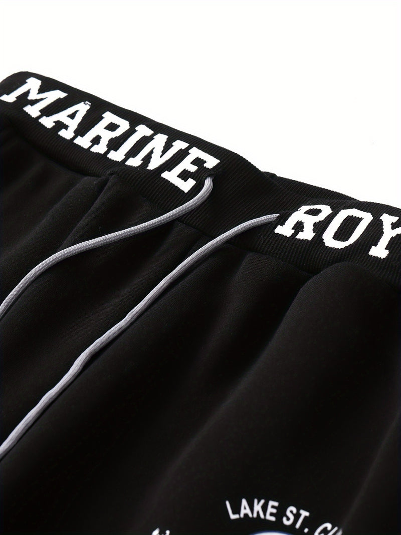 Men's Hooded Sweatshirt with Letter Print, Two-Piece Sports Running Outfit.