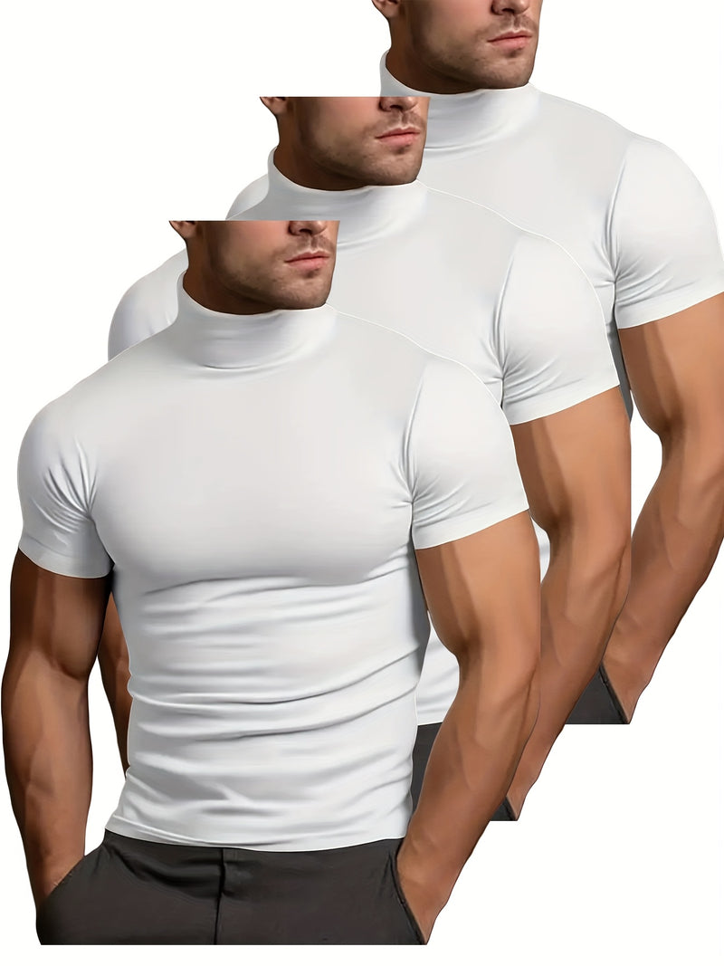 3pcs Men's Solid Color Stretchy Short-Sleeve Round Neck Sports T-Shirts.