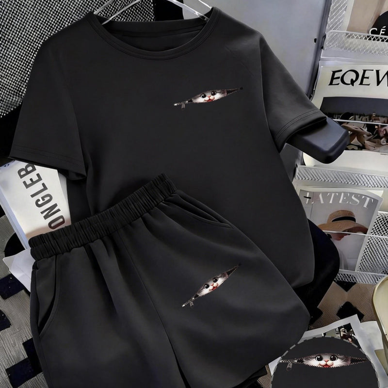 Women's Trendy Casual Sports Short-Sleeve Top And Shorts Set.