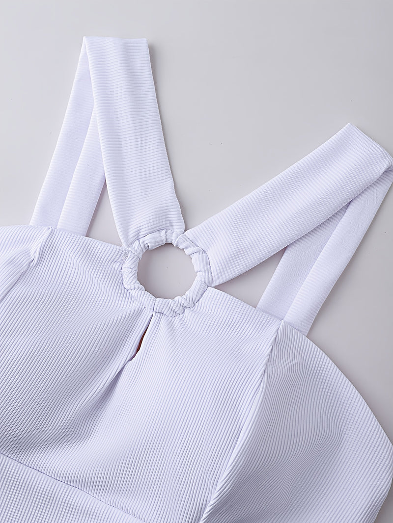 Women’s Elegant White Off-Shoulder Tank Top & Green & White Geometric Print Wide-Leg Pants.