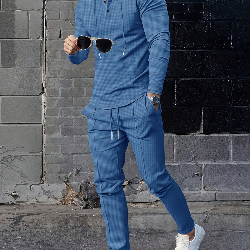 A Two-Piece Casual Outfit for Men Hooded Long-Sleeve T-Shirt.