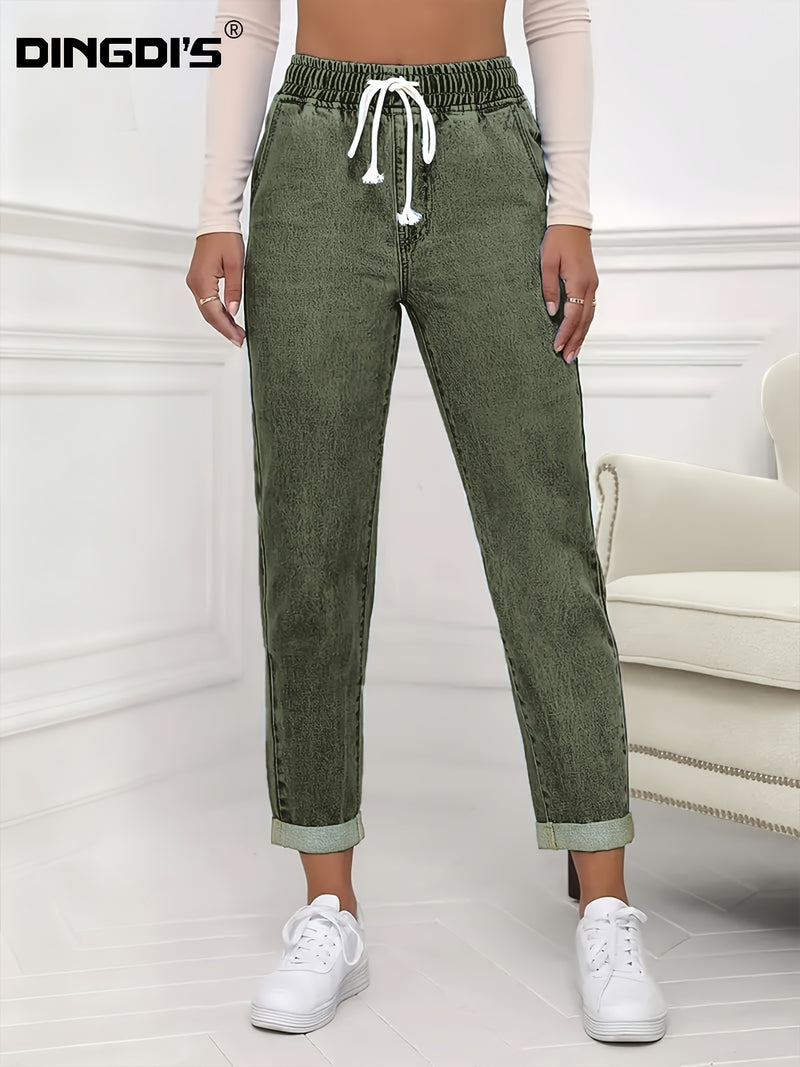 Women's stretch elastic waist drawstring slim fit jeans.