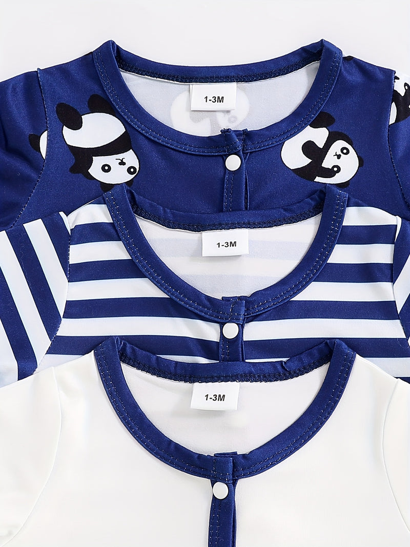 4-Season Cute Panda Striped Solid Color Newborn Baby Crawling Romper.