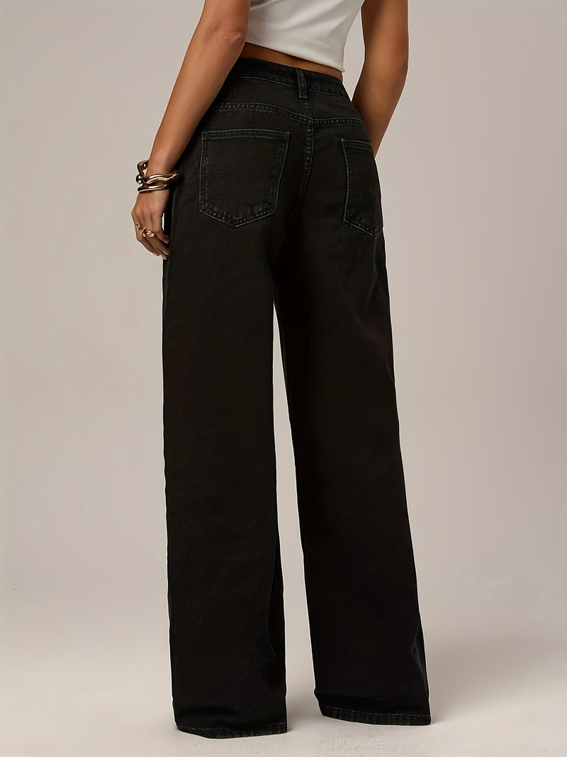 Black Stretchy Denim Wide-Leg Pants for Women.