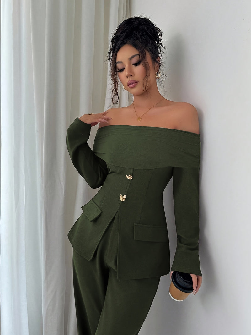 Women's Elegant Versatile Off-Shoulder Top with Mesh Panel Slim Fit Waist Zipper.