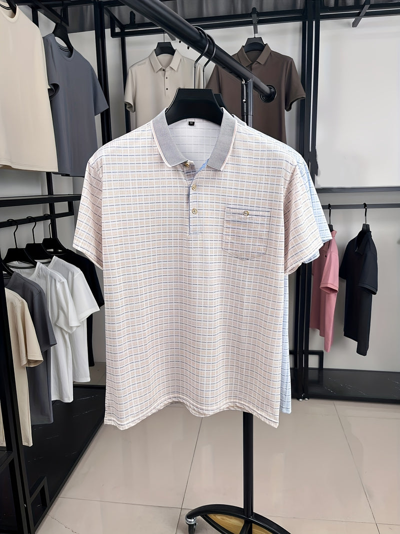 Men's Short-Sleeve T-Shirt Summer Lapel Plaid Ice Silky Fiber Fabric.