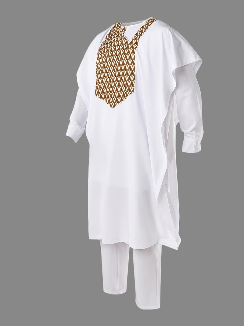 Men's Agbada Three-Piece Set, Round Neck, Hidden Buttons.