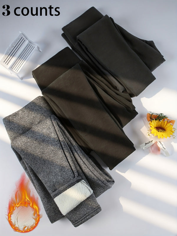 3pcs -Lined Solid Color Skin-Tight Leggings, Autumn/Winter.