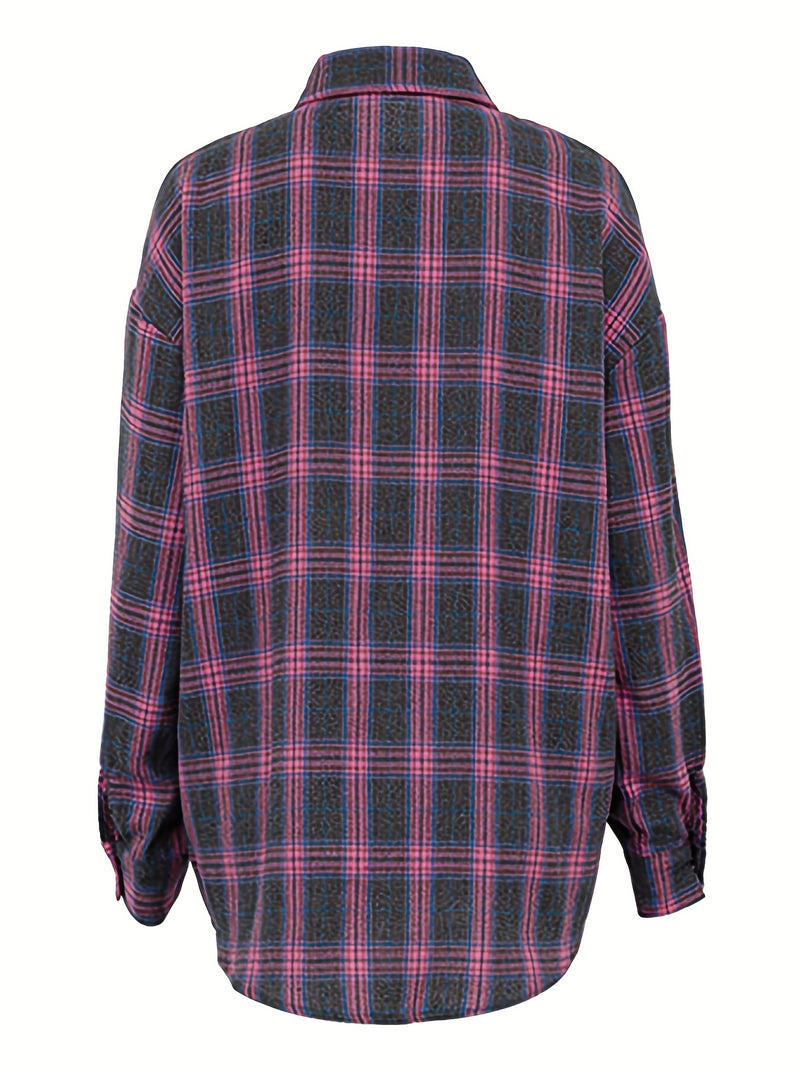 Spring Plaid Long-sleeve Pocket Women's Blouse.