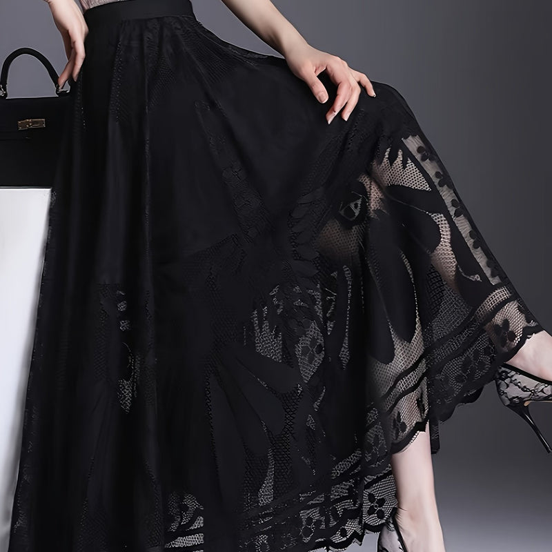 Elegant Women's A-Line Lace Skirt - Long Pleated Design.