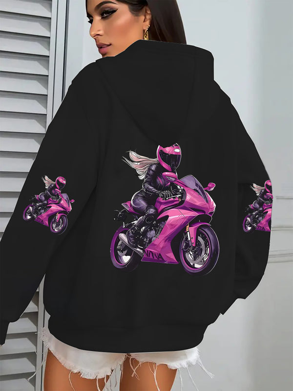 Ladies' Zipper Hoodie, Handsome Female Rider Cycling Pattern.