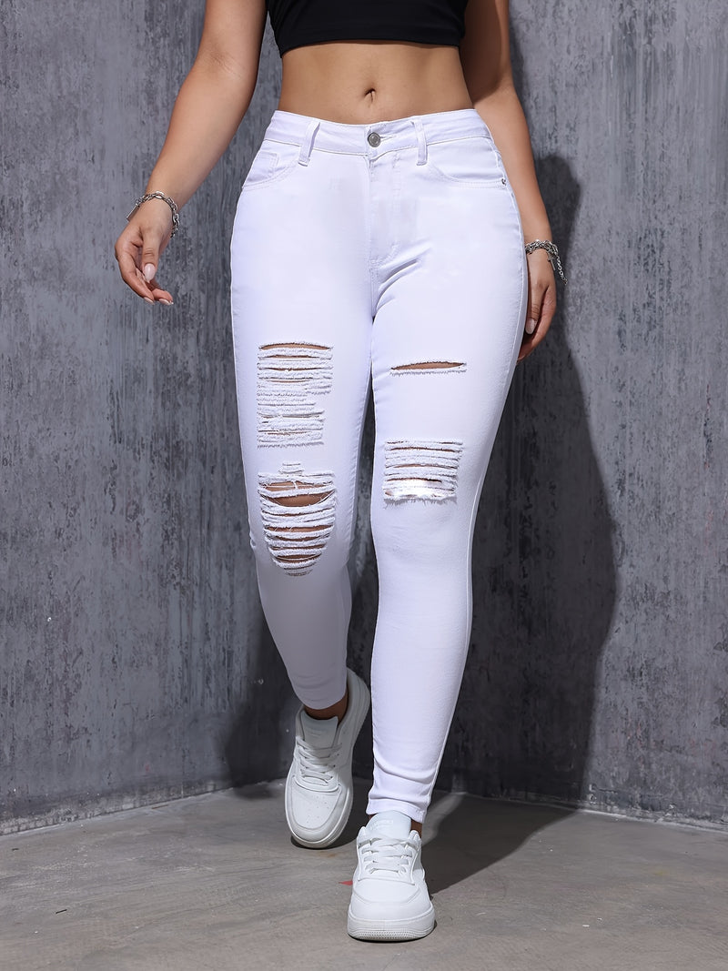 Women's Ripped Skinny Pants, Elastic Slim-fit.