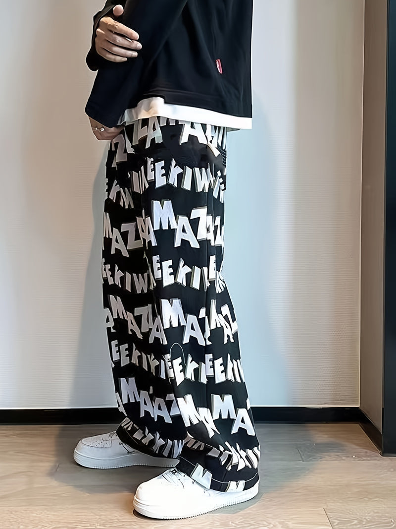 Men's Casual Wide-Leg Pants with Bold Letter Print.