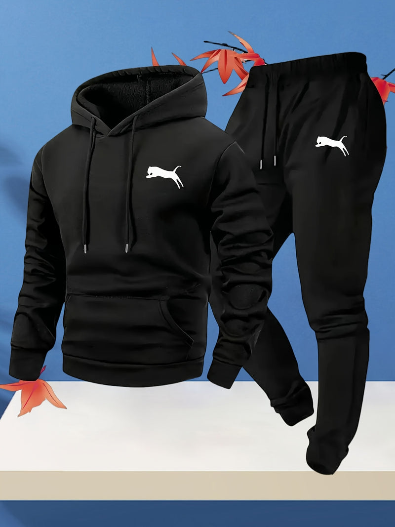 Fashion Versatile Warm 250gsm Hooded Sweatshirt + Pants Two-Piece Set for Men.