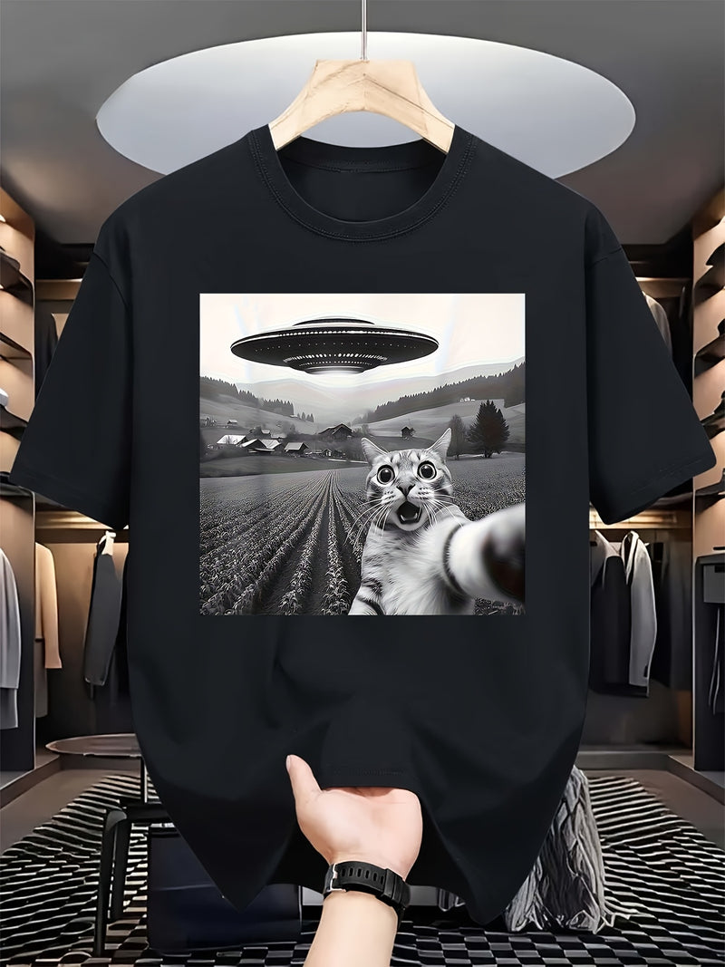 Men's Black Cotton T-Shirt with Funny Cat and UFO Print.