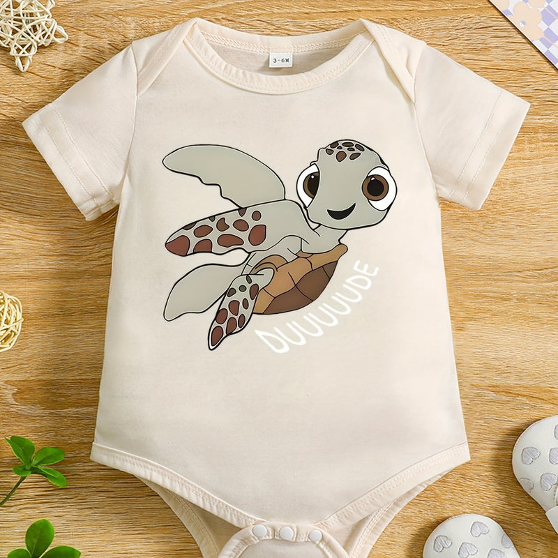 Baby Boy Summer Short-Sleeved Cartoon "Little Turtle" Print Romper, for Outdoor.
