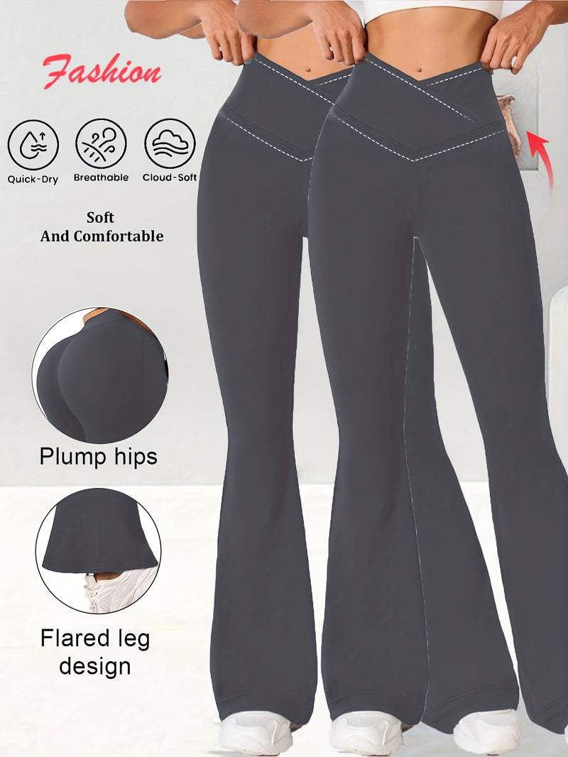 2pcs Women's High-Waisted Wide-Leg Bell-Bottom Tummy Control Pants.