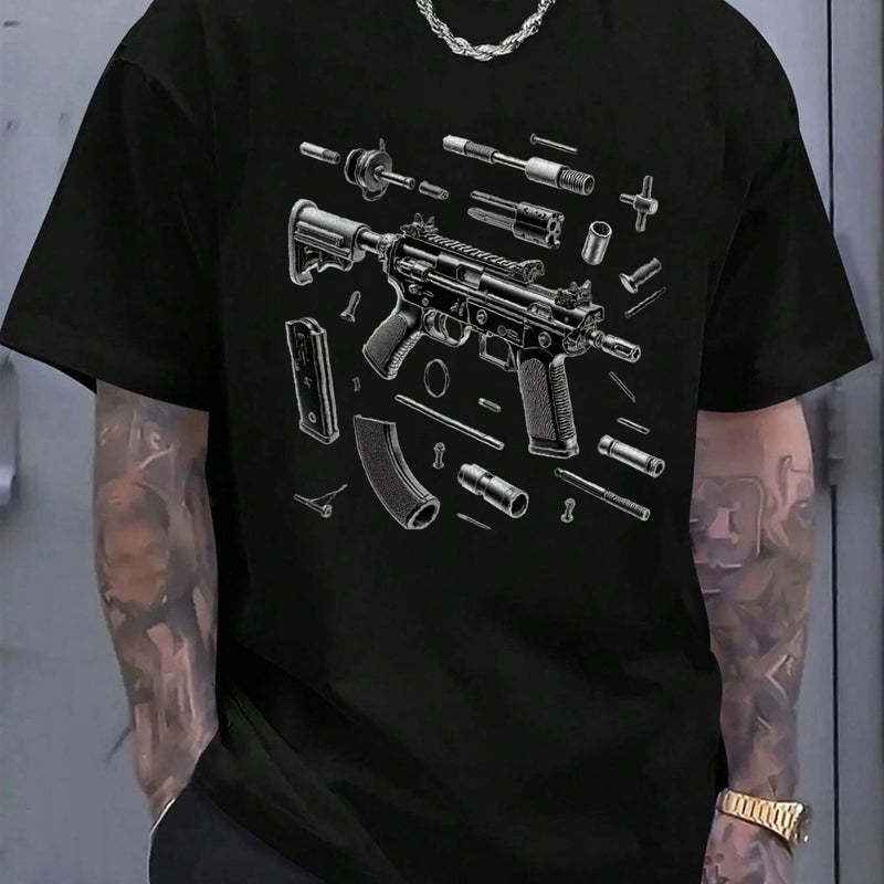 Men'S Black Cotton T-Shirt with Gun Blueprint Print.