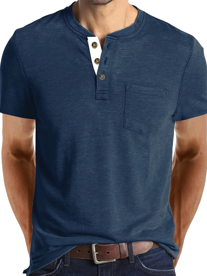 Men's Henley Round Neck Short Sleeve T-Shirt.