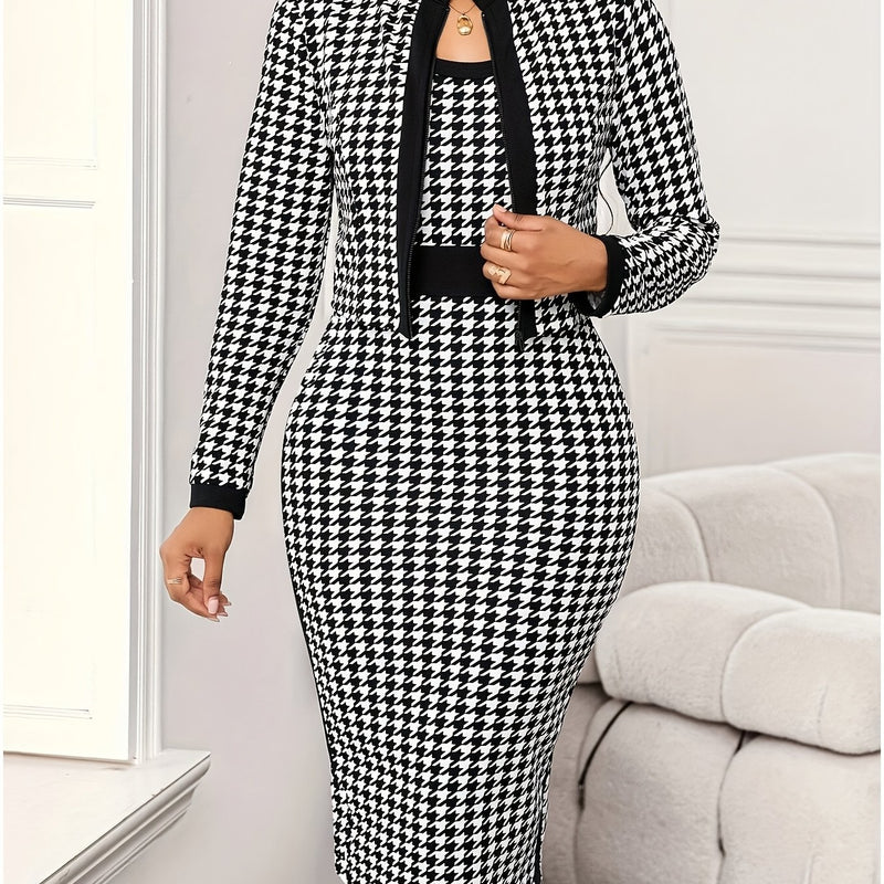 Women’s Houndstooth Commuter Fashion Pencil Dress Set.