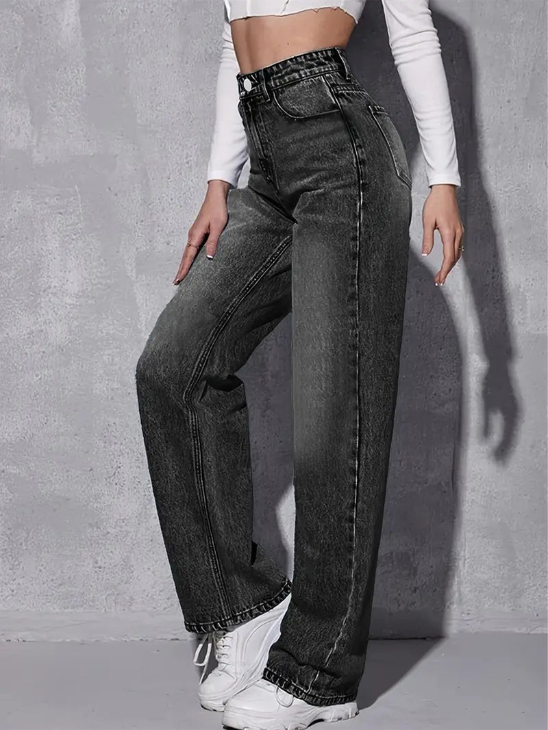 Women's Stretchy Retro Slim-Fit Straight-Leg Black Jeans.