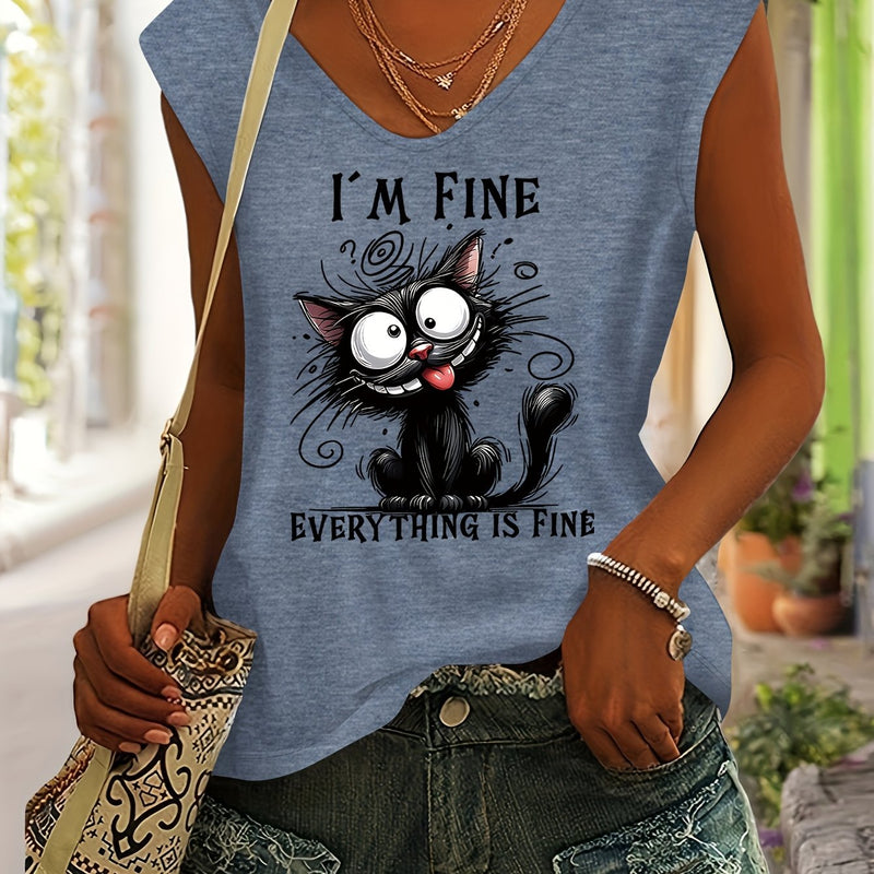 Women’s Cute Cat Print Rayon V-Neck Short Sleeve T-Shirt.