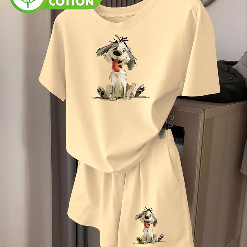 Women's Fashion Cartoon Puppy Print Short Sleeve T-Shirt and Shorts.