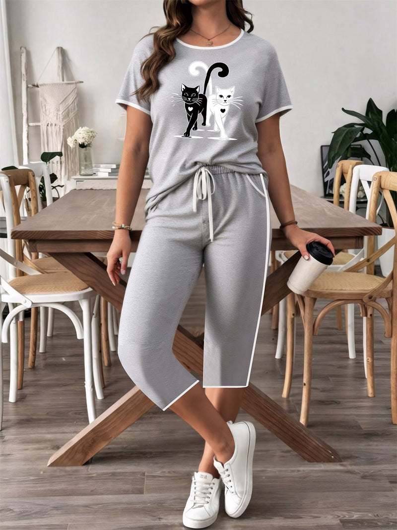 Women's Two-Piece Set Featuring a Cartoon Print of Black And White Cats.