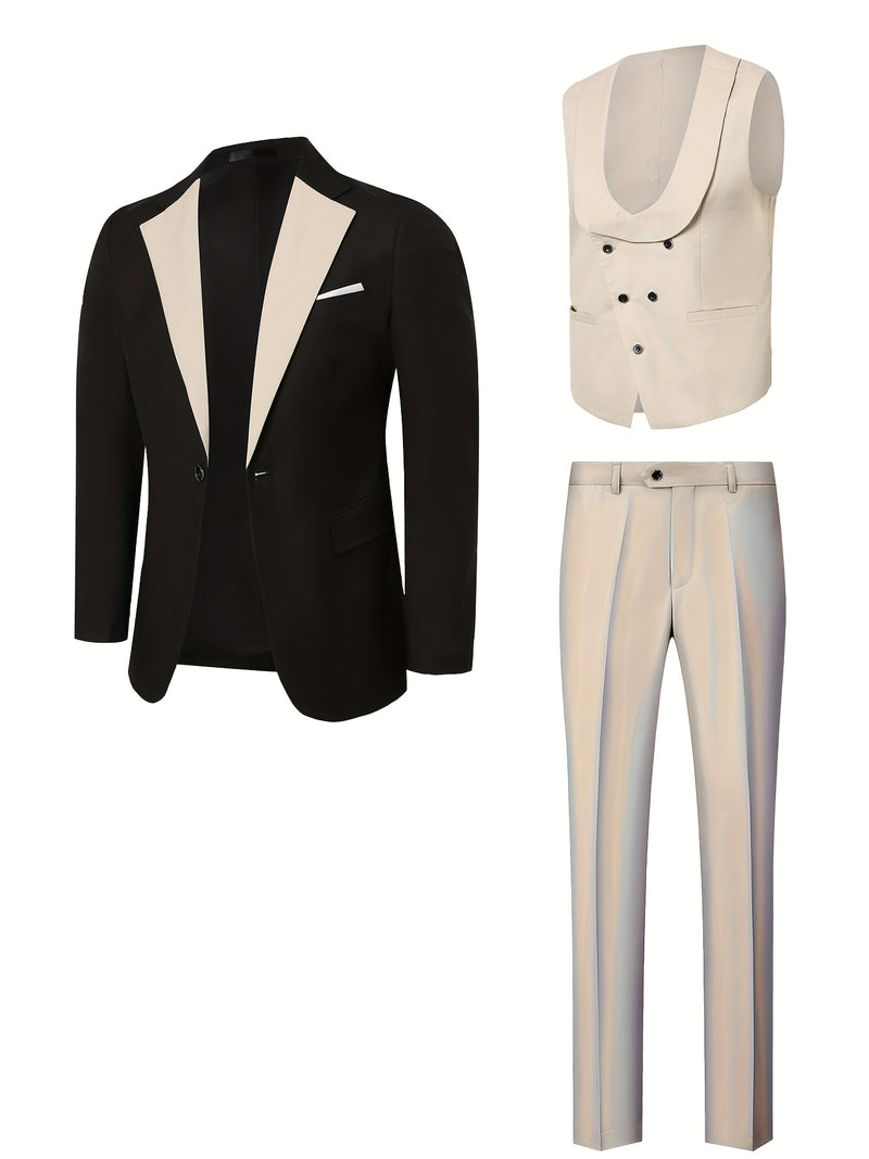 Men's 3pcs Suit Set, Blazer + Vest + Trousers, Groomsmen Business.