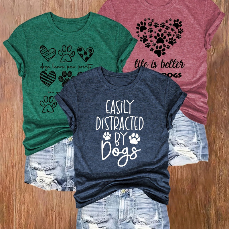 3pcs Women's Casual Dog Lover Graphic T-Shirts.