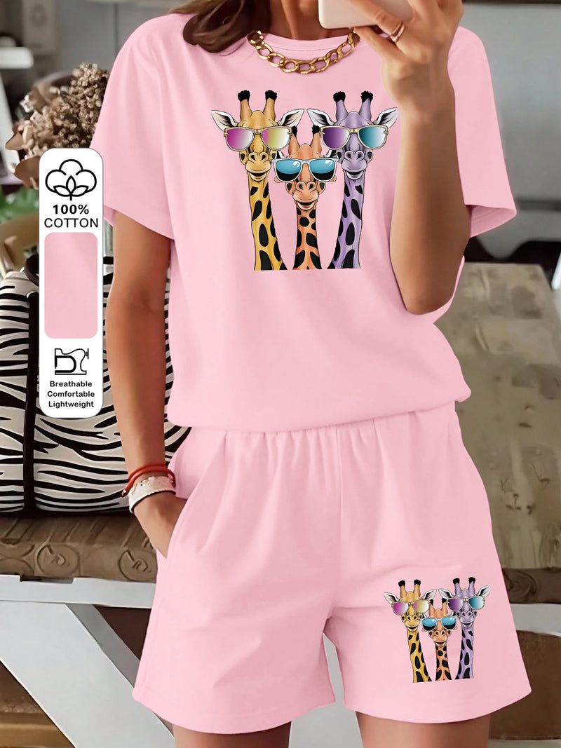 Women's Three-piece Fashionable Giraffe Print Short-sleeve Top and Shorts.