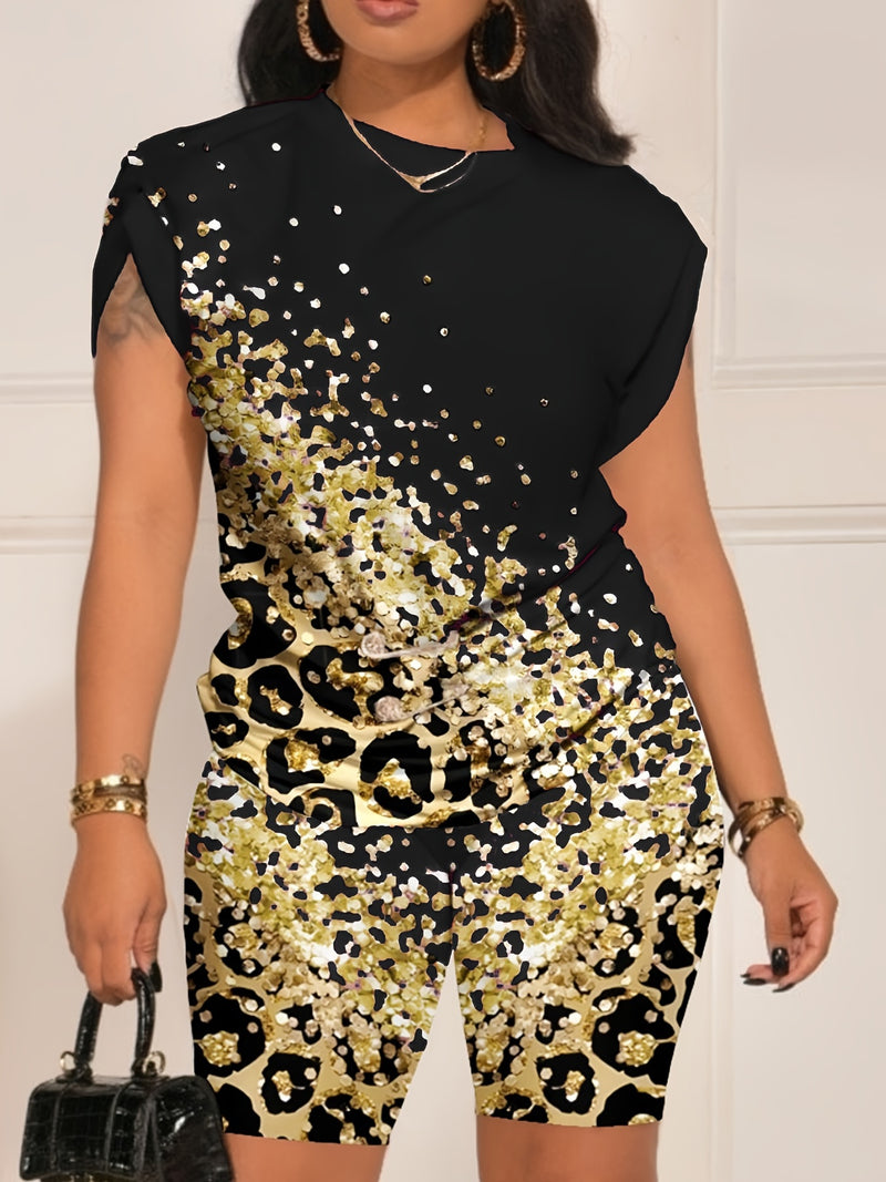 2pcs Women's Fashion Printed Round Neck Short Sleeve with Shorts.