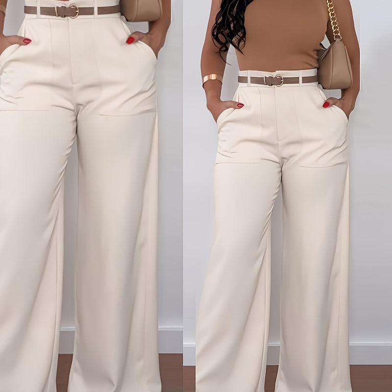 Women's Long Pants, Solid Color High-Waisted Wide-Leg Casual Elegant.