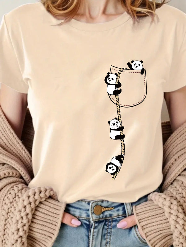 Women’s  Pocket Panda Climbing Rope Cute Pattern Print Fashion Crew Neck T-Shirt.