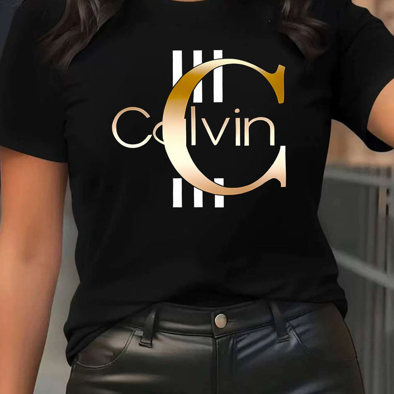 Women's Short-Sleeve Round-Neck T-Shirt with A-Z Letter Print.