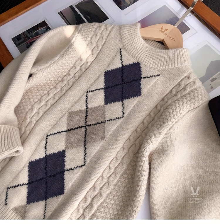 Mid-Sized Diamond Patterned Jacquard Turtleneck Sweater.