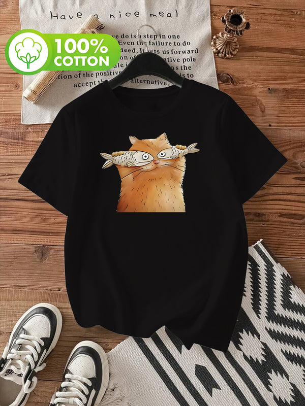 Women's Short-Sleeve T-Shirt with Cute Kitten & Cat Paw Print.