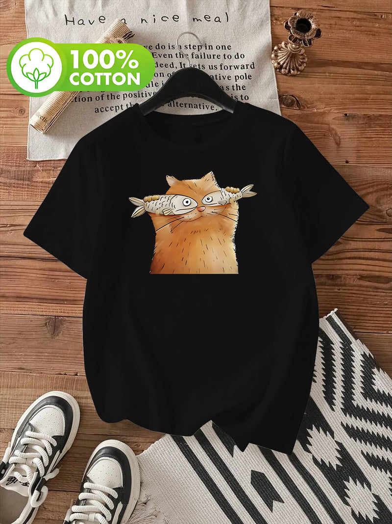 Women's Short-Sleeve T-Shirt with Cute Kitten & Cat Paw Print.